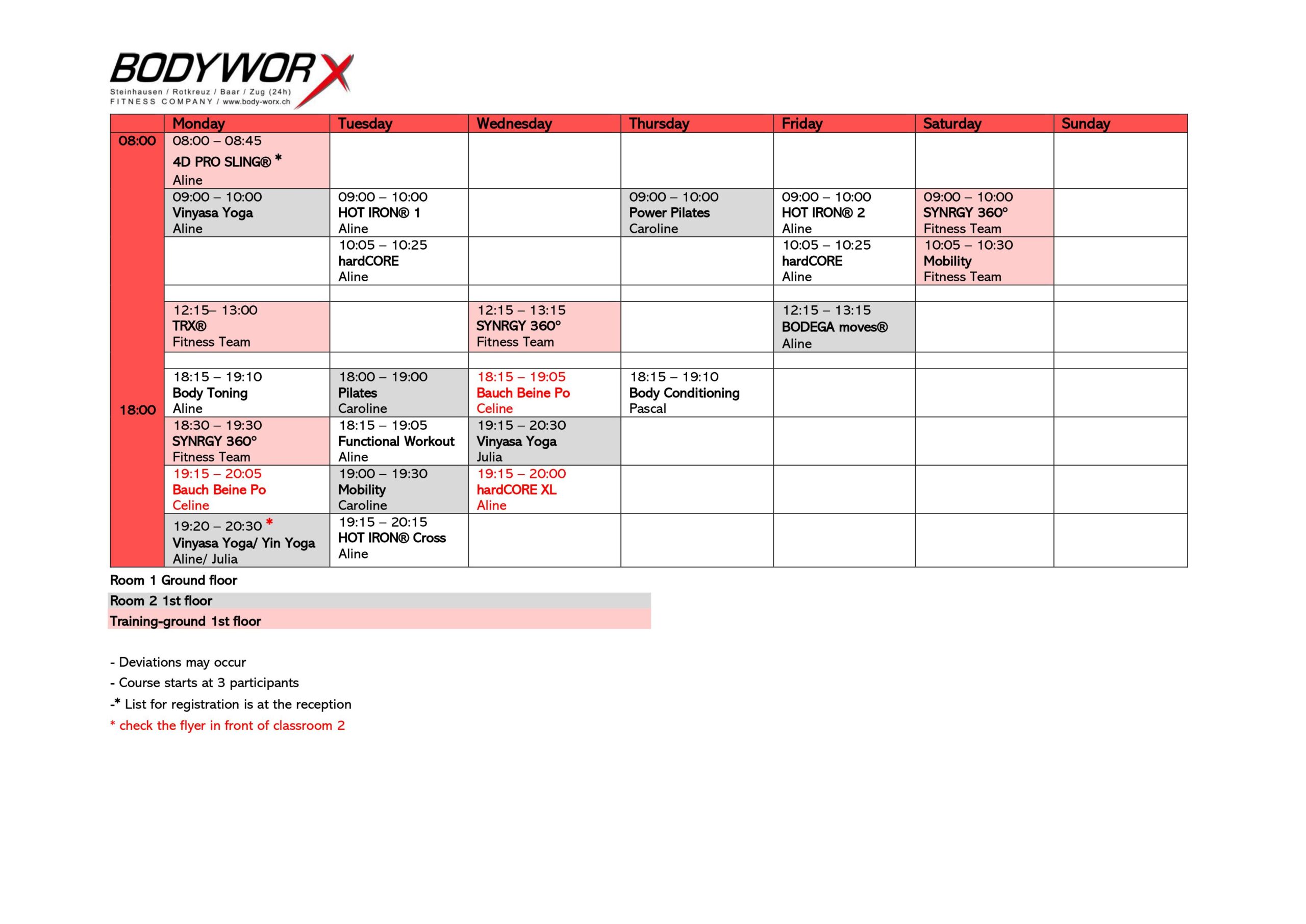 Course schedule | BodyWorx