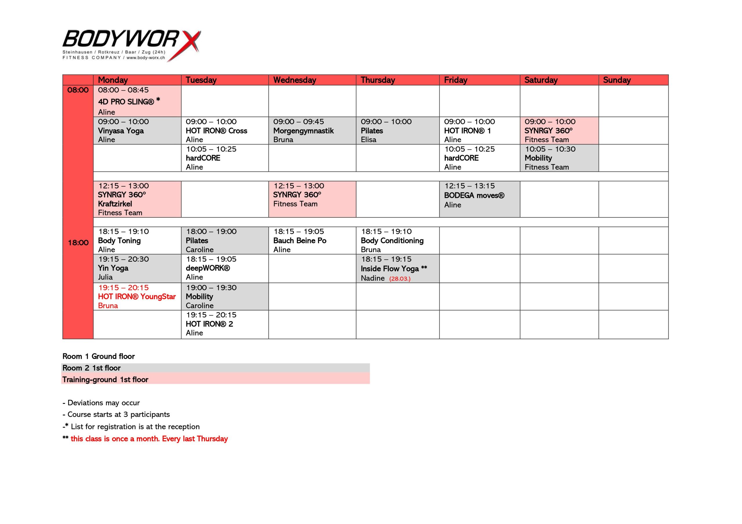 Course schedule | BodyWorx